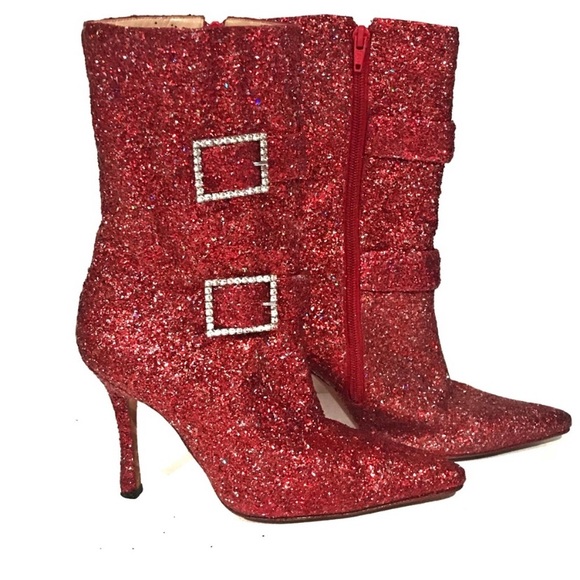Manolo Blahnik Red Glitter Boots - Picture 1 of 8